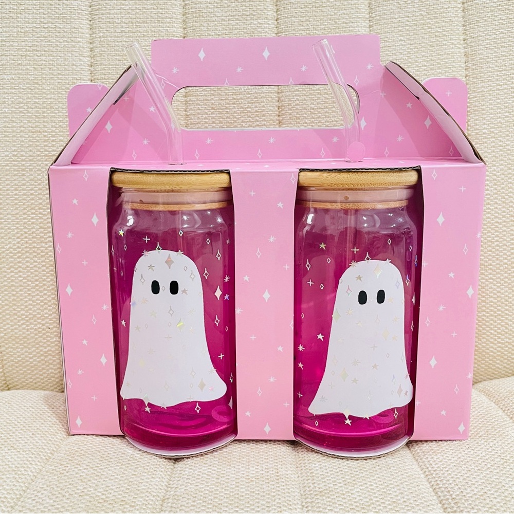 Pink Ombre Ghost Glass Can Tumbler Set‎ of 2 with Bamboo Lids Glass Straws 16oz